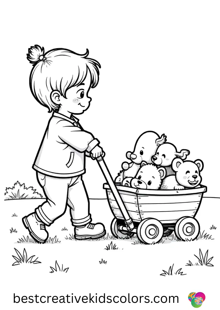 Fall color Page features a child pulling a toy wagon filled with stuffed animals across the lawn.