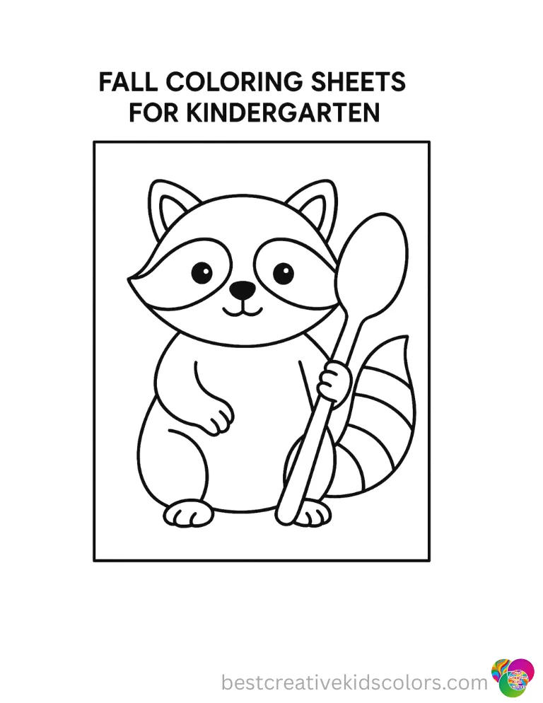 Fall coloring sheets for kindergarten successfully shows a raccoon holding a silver spoon.
