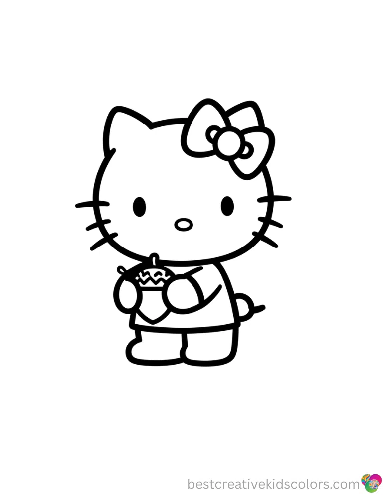 Fall hello kitty coloring pages neatly features Hello Kitty carrying a small brown acorn.