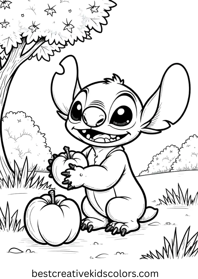 Fall stitch coloring pages disney shows Stitch picking apples from a magical orchard.