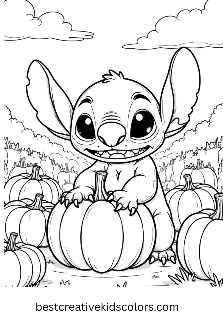 Fall stitch coloring pages free features Stitch gathering pumpkins in a sunny patch.