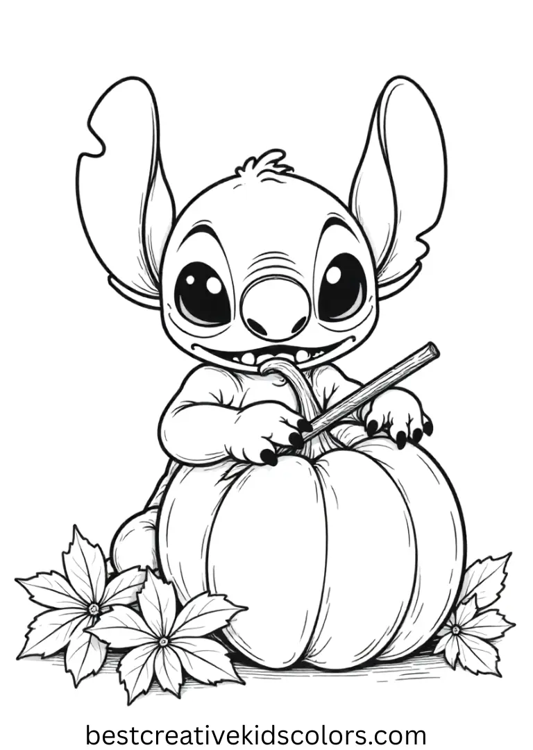 Fall stitch coloring pages pdf free captures Stitch painting pumpkins with autumn colors.