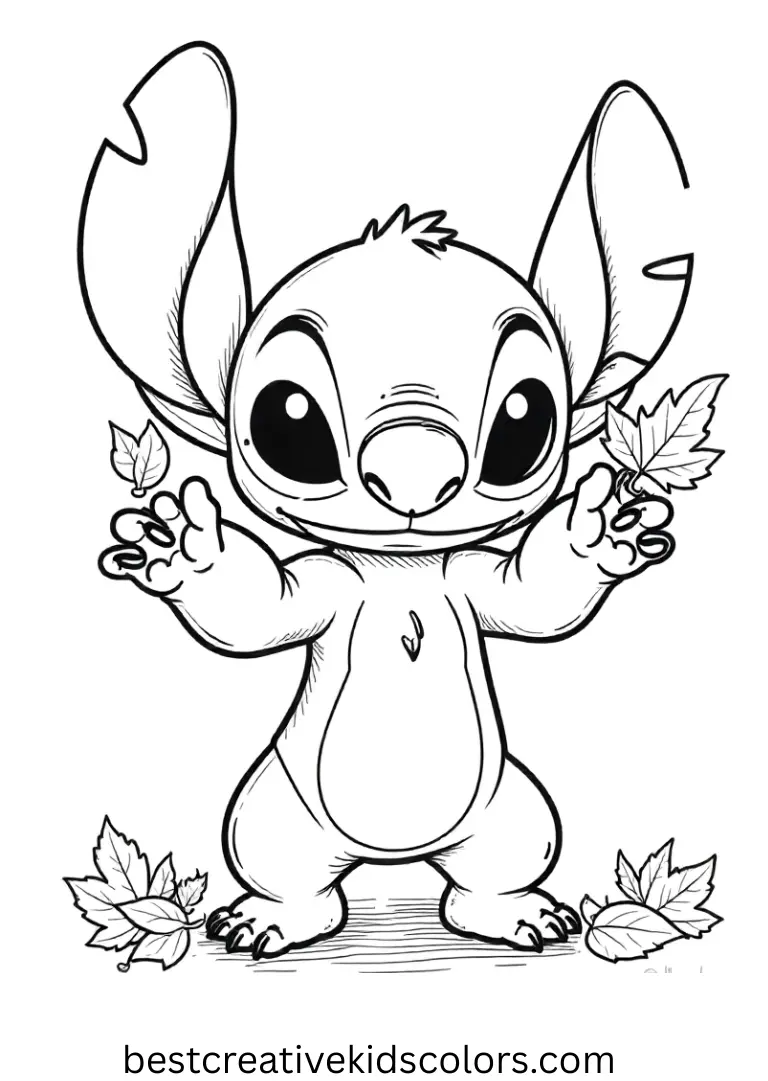 Fall stitch coloring pages pdf shows Stitch tossing golden leaves in the air.