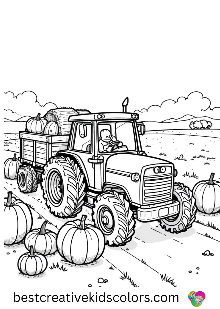 Fall truck coloring page depicts a tractor carrying hay bales along a dirt path.