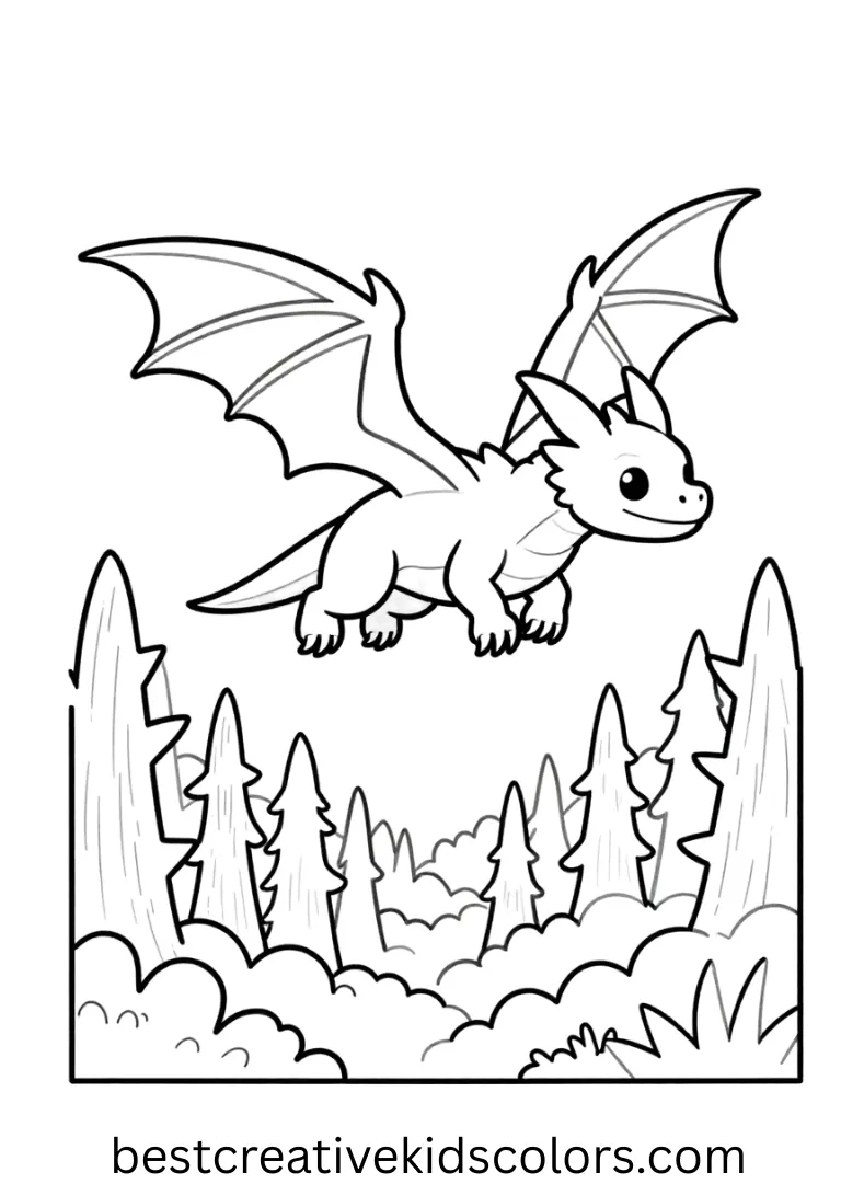 Fantasy Dragon Drawing Page Flying Over Forest