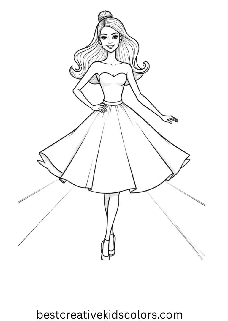 Fashion Barbie coloring pages show Barbie twirling gracefully in a plain runway scene.
