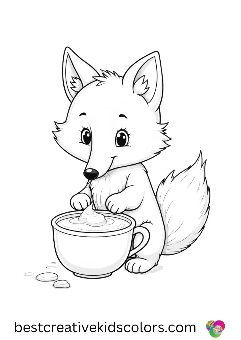 A fox dribbling melted snow from a shell cup appears in February Coloring Pages Printable PDF.