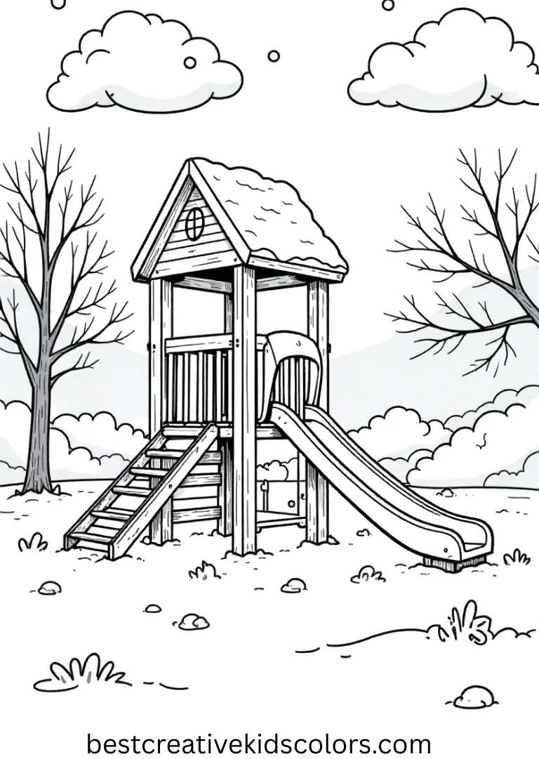 February Coloring Pages shows soft clouds drifting above a tiny snow-dusted playground.