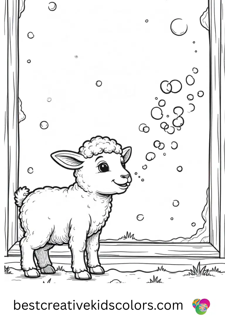 February Coloring pages shows a lamb breathing foggy circles onto a bright, cold window pane.