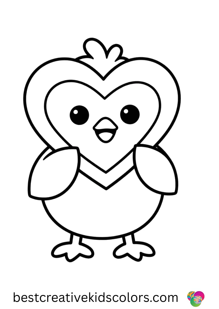A chick peeking through a cut paper heart appears in February coloring page easy.