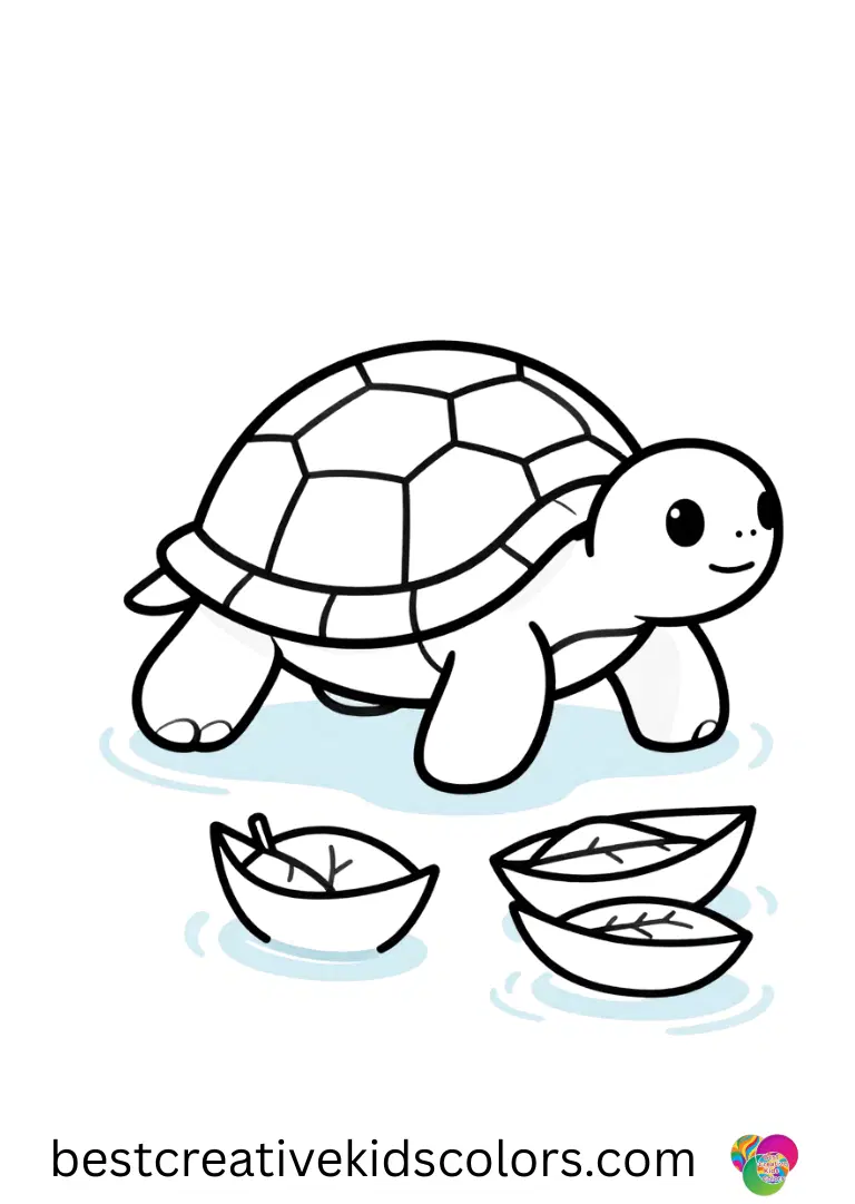 A turtle pushing tiny leaf boats across clear ice appears in February coloring page for kids.