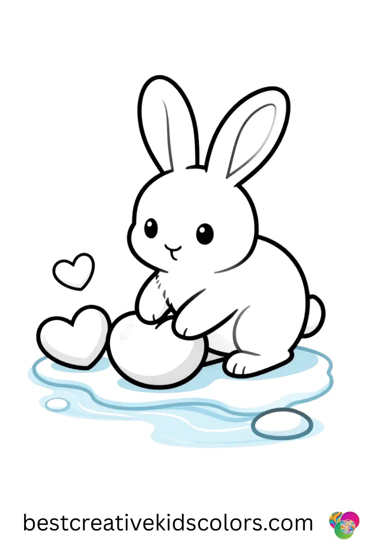 February coloring page free presents a bunny flipping pebble hearts beside a frozen stream.