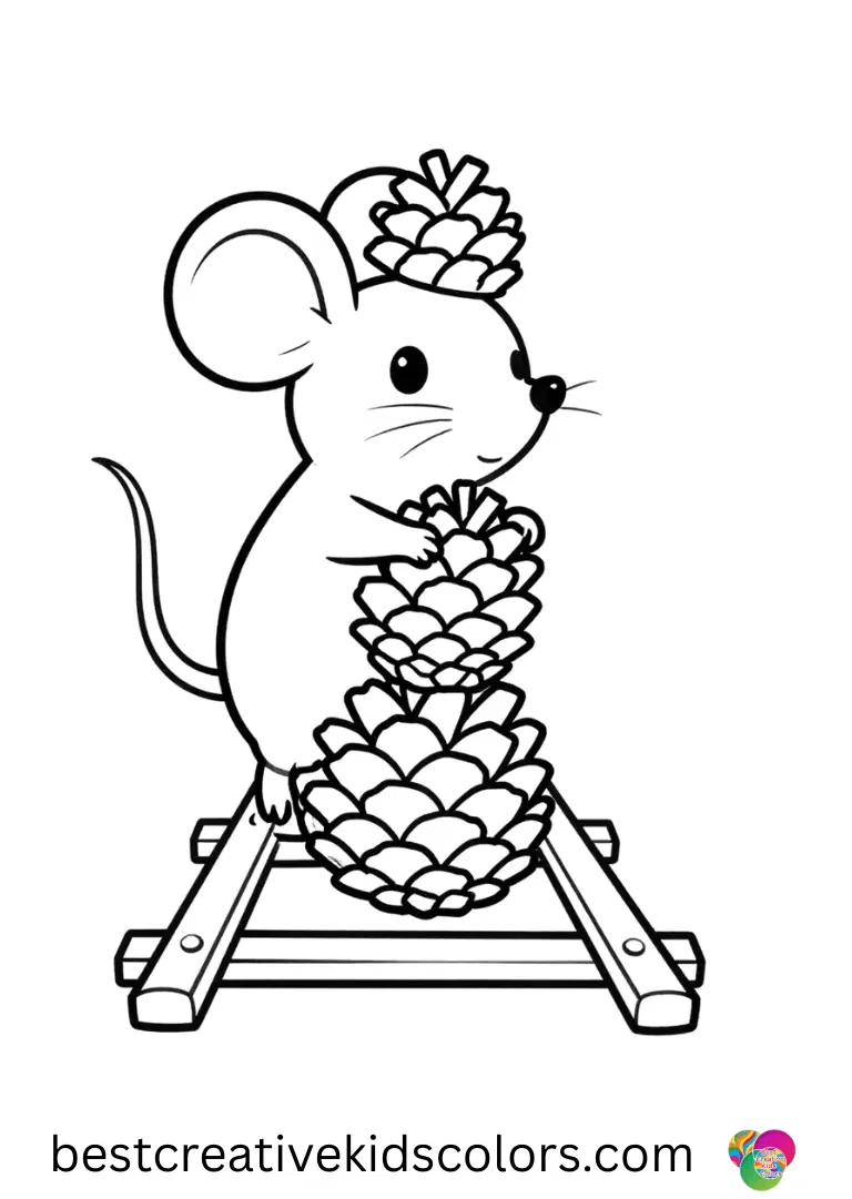 February coloring page pdf features a mouse stacking pine cones carefully along a narrow rail.