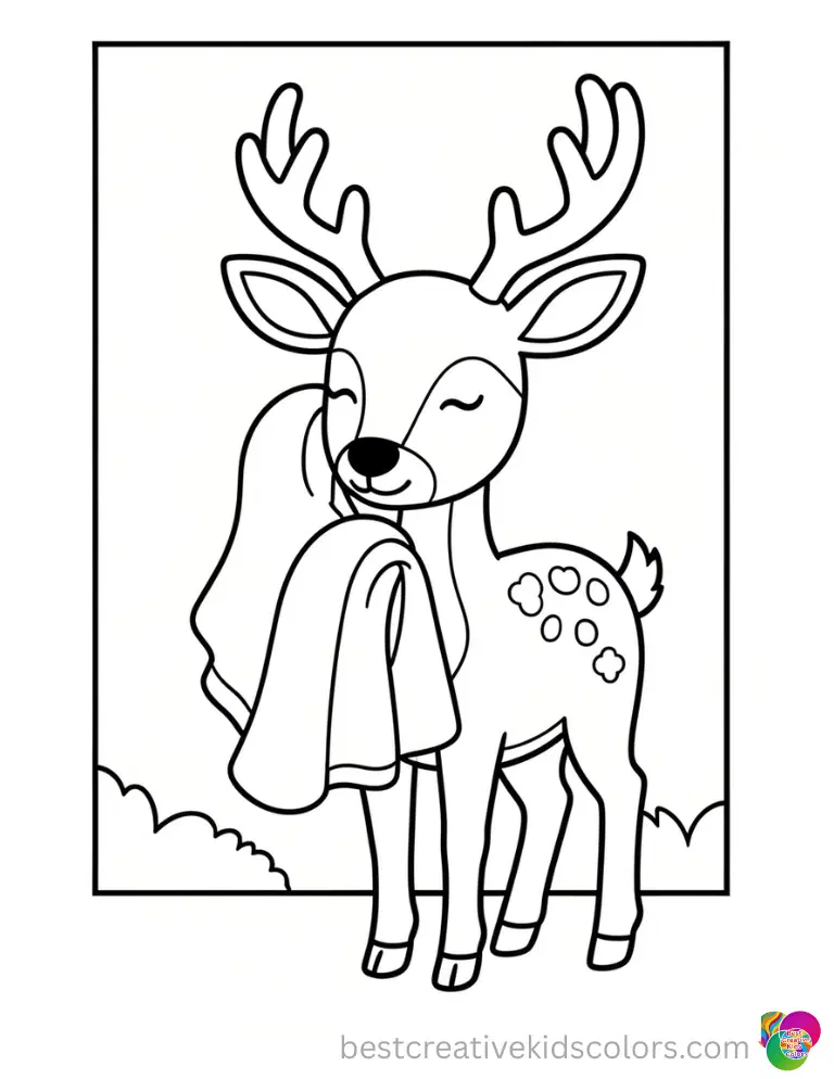 A sweet deer peacefully holds a soft cotton towel in February coloring page printable.