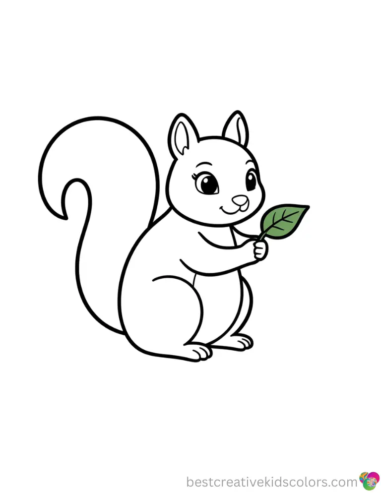 February coloring pages free beautifully shows a cute squirrel holding a tiny green leaf.
