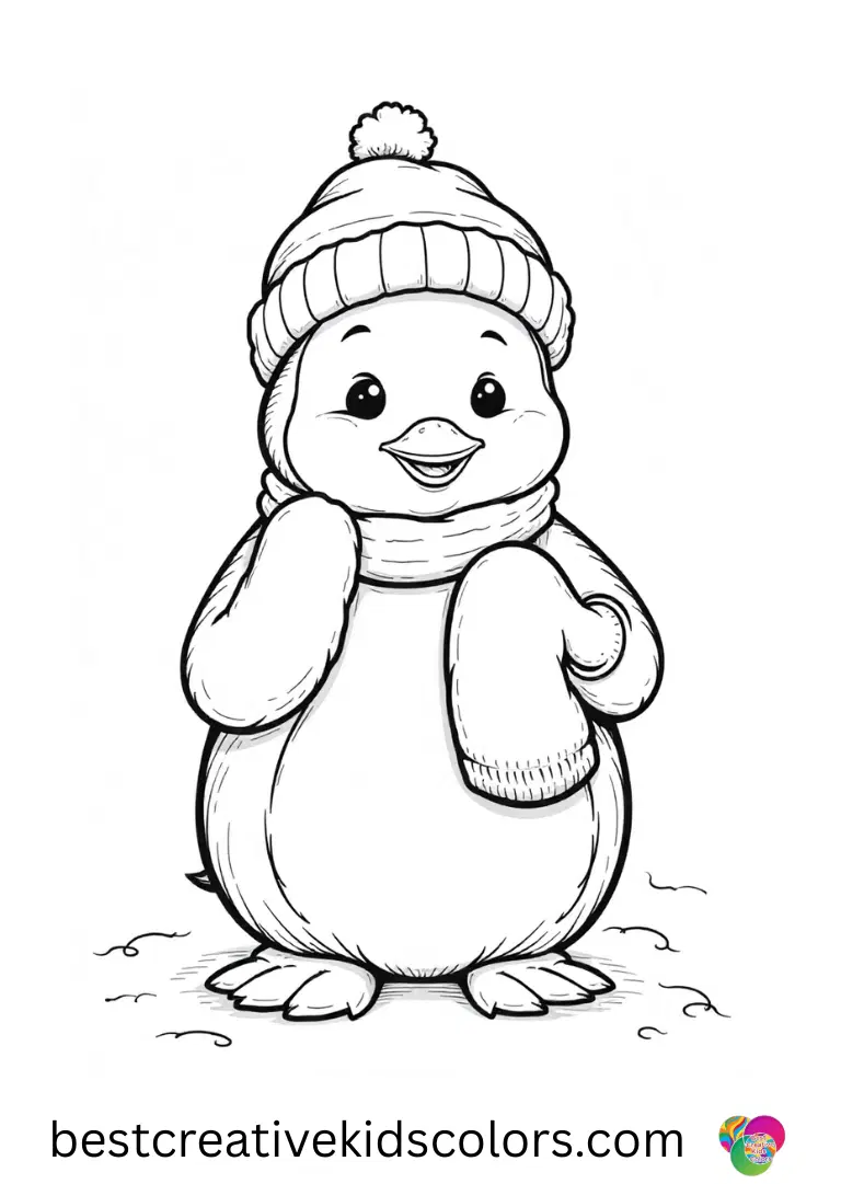 A penguin spinning a wool mitten by its cuff appears in February penguin coloring page easy.