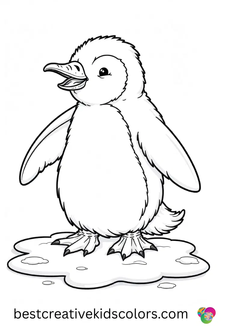 A penguin drawing zigzag frost trails across ice appears in February penguin coloring page for adults.