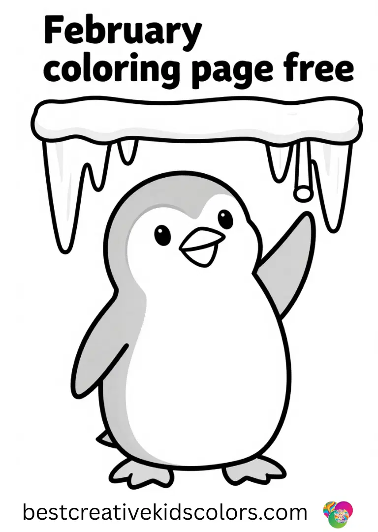 February penguin coloring page free features a penguin tapping icicle chimes beneath a ledge.