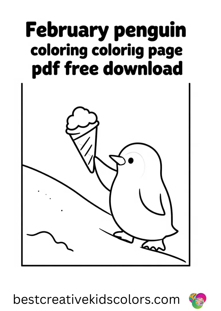 February penguin coloring page pdf free download shows a penguin nudging a snow cone uphill.