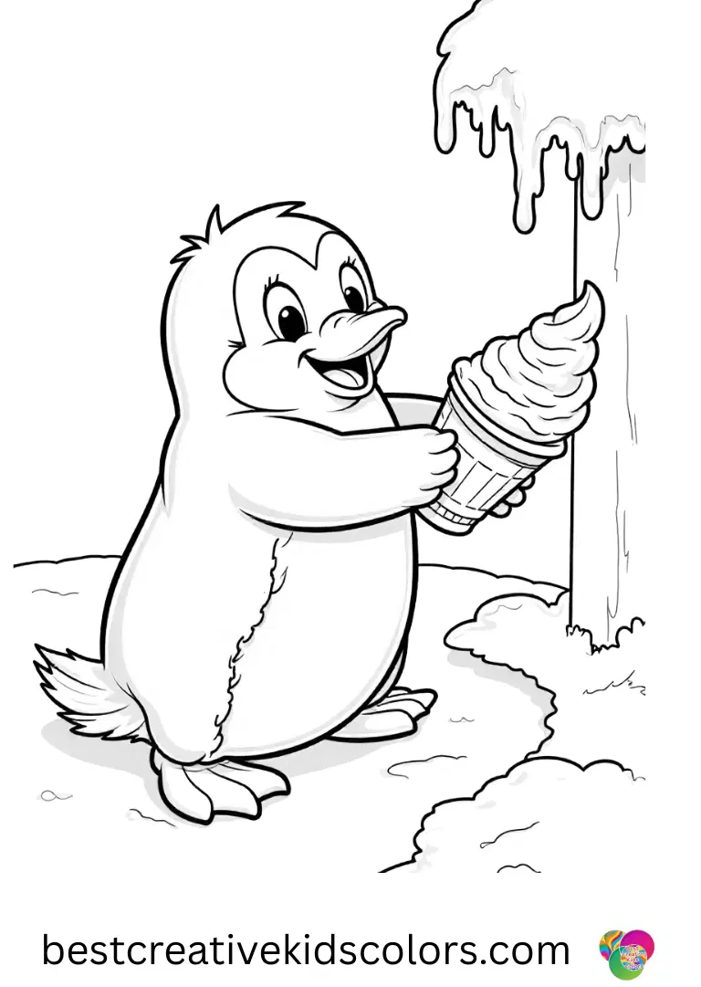 A penguin flicking powdered snow into a neat circle appears in February penguin coloring page pdf free.