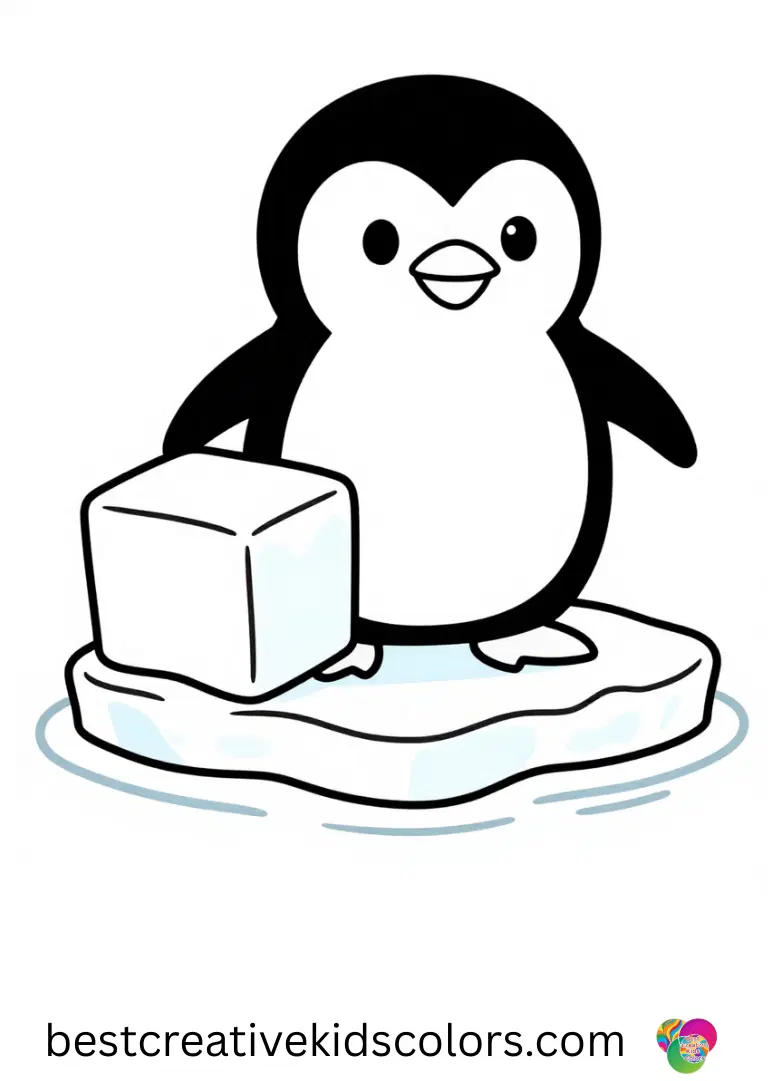 February penguin coloring page pdf shows a penguin pushing a floating ice square across a clear pond.