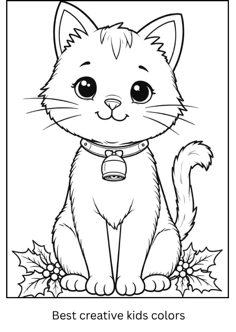 Festive Cat with Bell Coloring Outline Festive Cat with Bell Coloring Outline