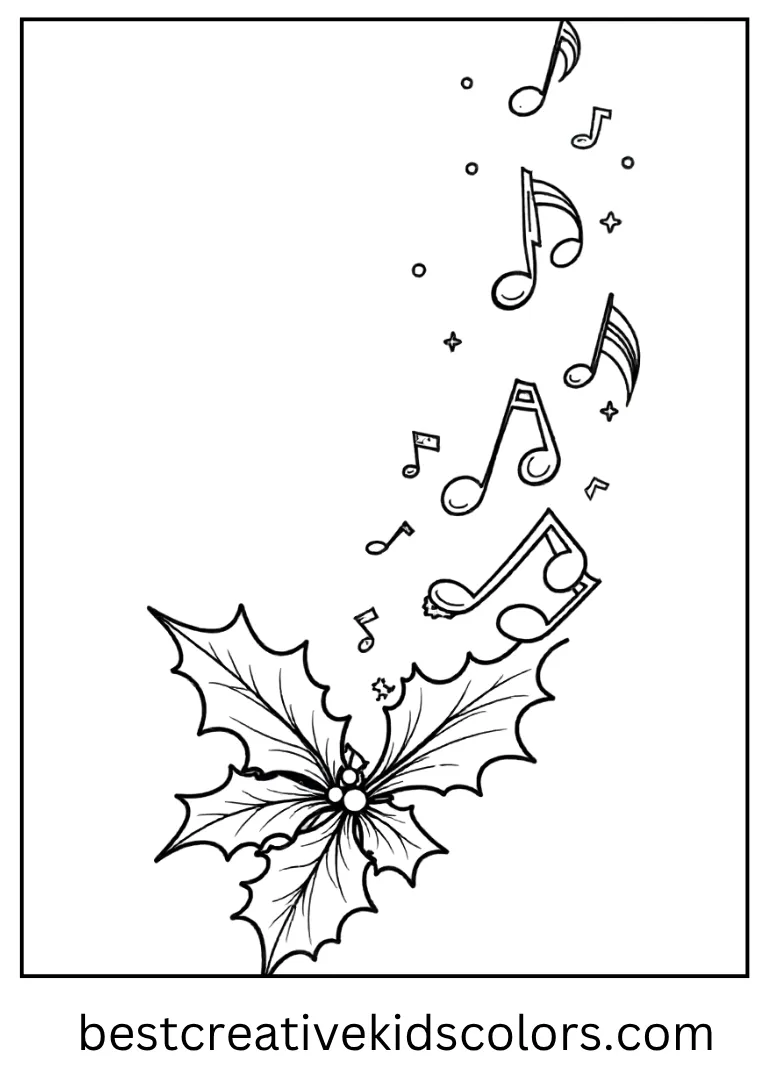 Festive Music Notes Coloring Page Floating music notes swirl around a holly branch.