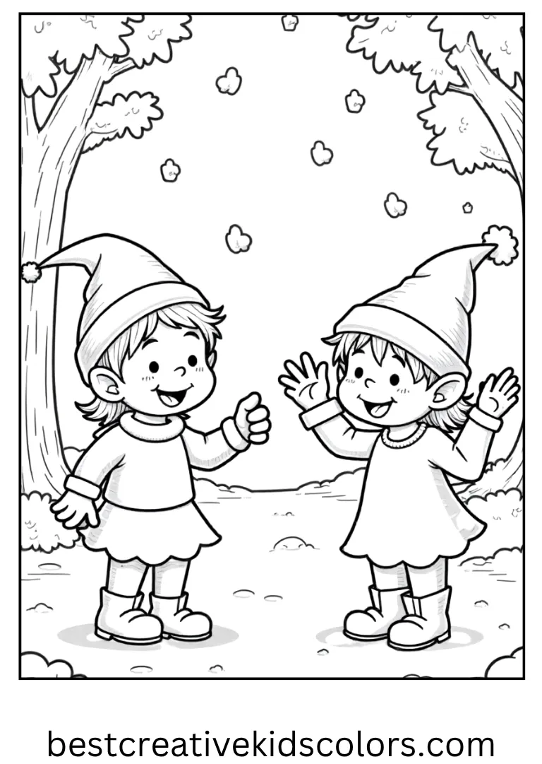 Festive Outdoor Party Coloring Outline Kids and elves celebrating with holiday decorations.