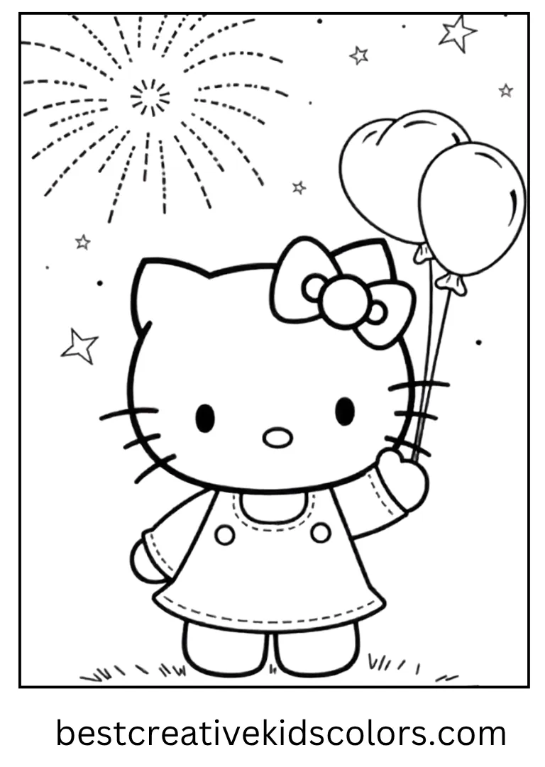 Fireworks Night New Year Hello Kitty Coloring Page