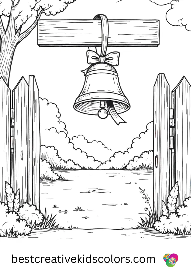 First day of summer coloring pages printable shows a ribboned bell hanging beside an open school gate.