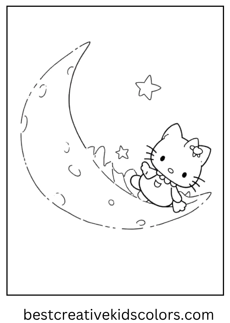 A magical ride as Hello Kitty soars above a crescent moon holding a tiny star.