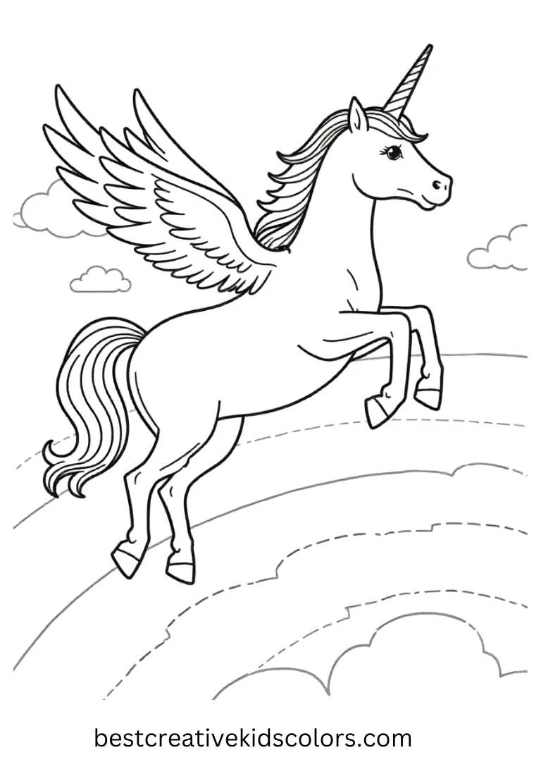 A majestic unicorn soars above rainbow clouds, spreading magic and joy in this easy and enchanting Unicorn Coloring Page.