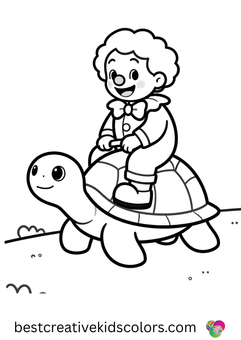 Folie à deux joker coloring page download features a clown riding a slow turtle across a smooth garden path.