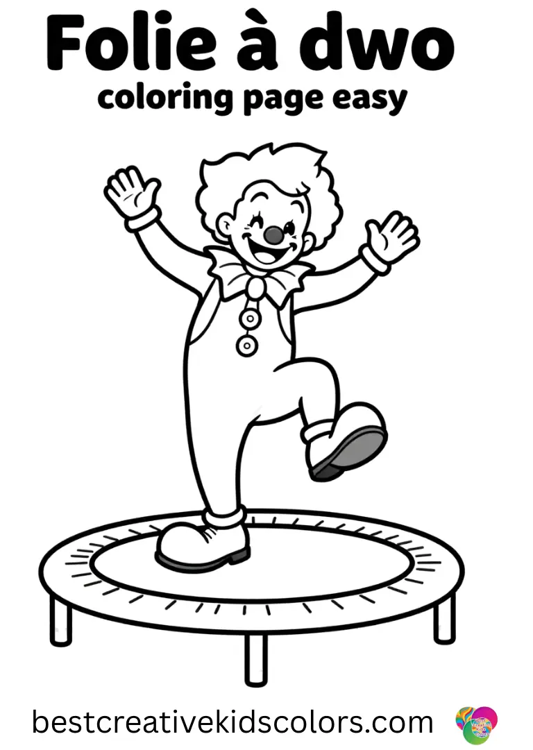 Folie à deux joker coloring page easy shows a clown bouncing on a round trampoline under clear skies.