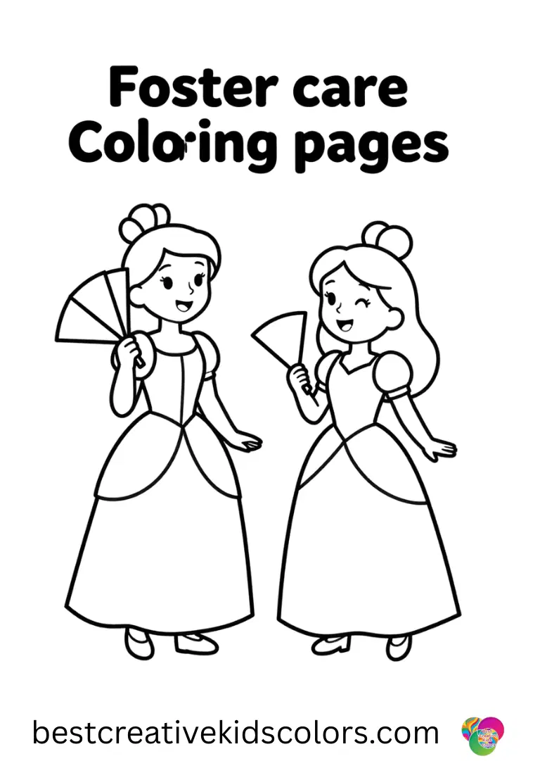 Foster care coloring pages shows princesses decorating paper fans with shapes.