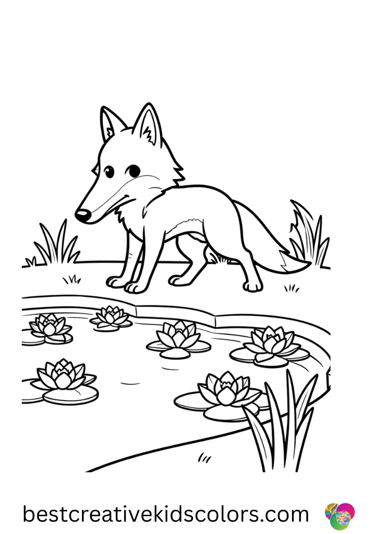 Fox Coloring pages for adults depict a fox stretching beside a calm pond with lilies.