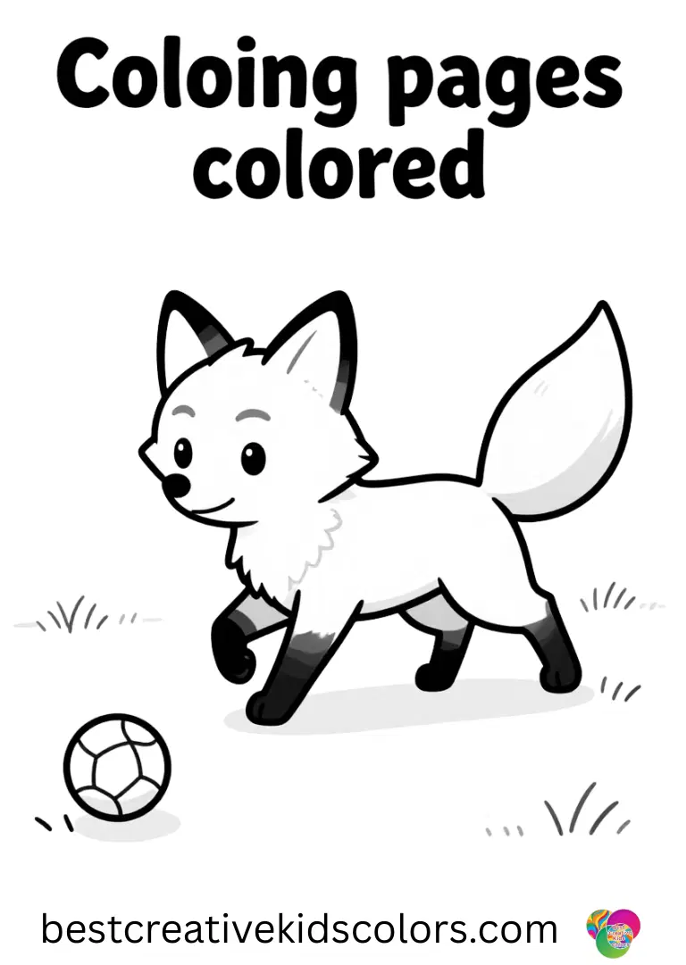 Fox coloring pages colored feature a fox chasing a bouncing ball in an open meadow.
