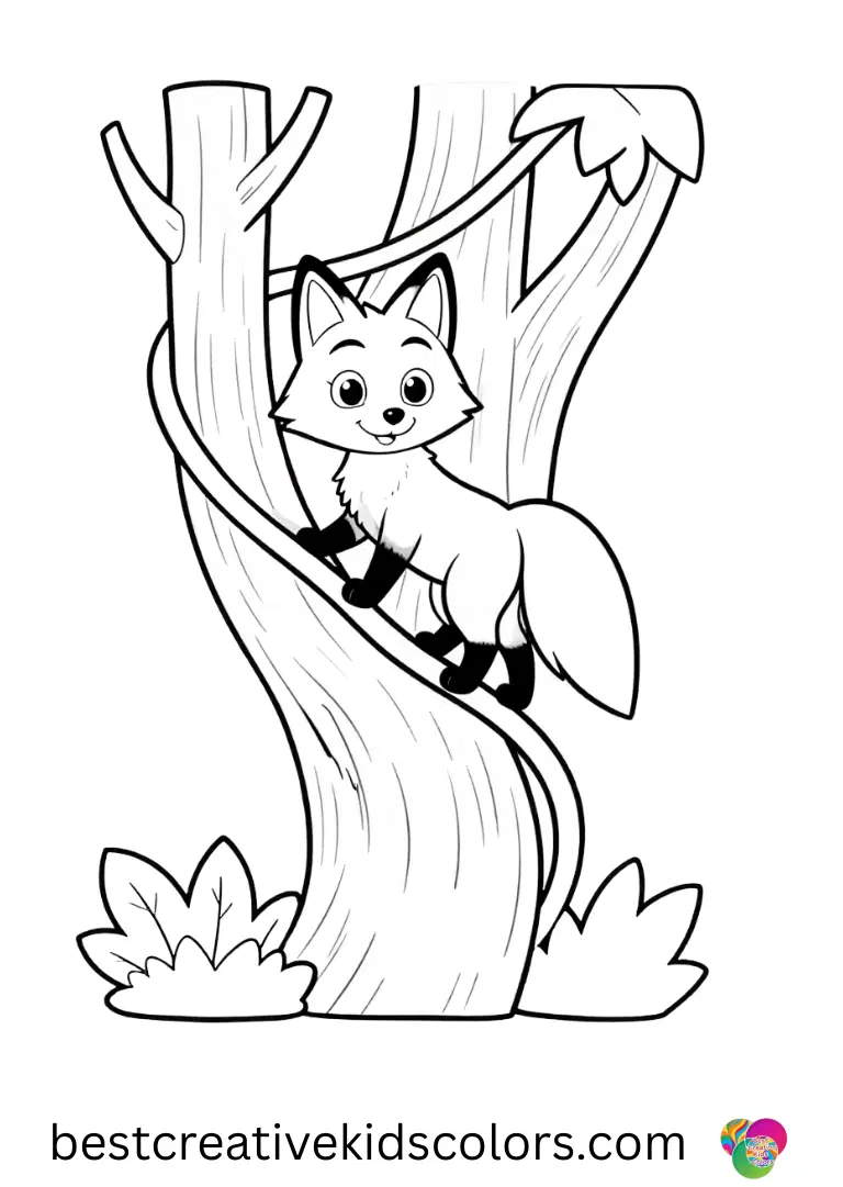 Fox coloring pages hard shows a fox climbing a winding vine in a tall jungle.