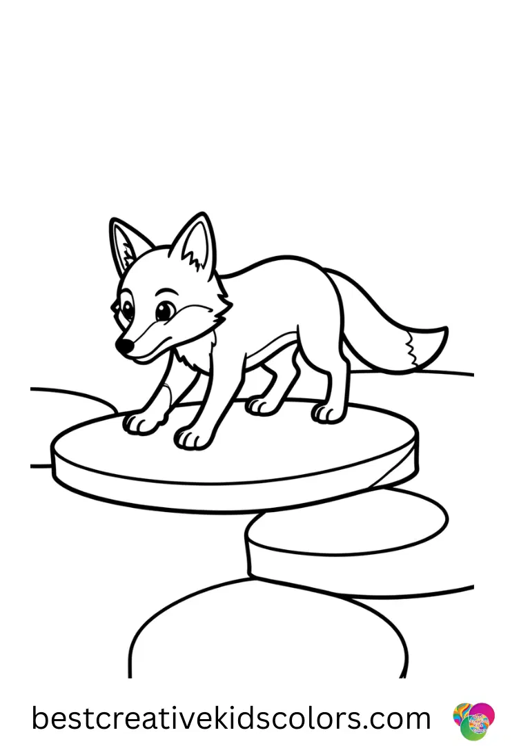 Fox coloring pages printable PDF free has a fox tiptoeing along stepping stones in a garden.