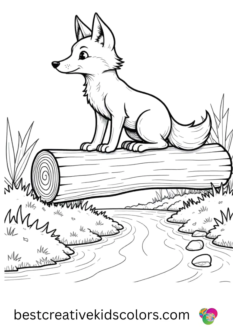 Fox coloring pages printable PDF shows a fox balancing on a fallen tree over a stream.