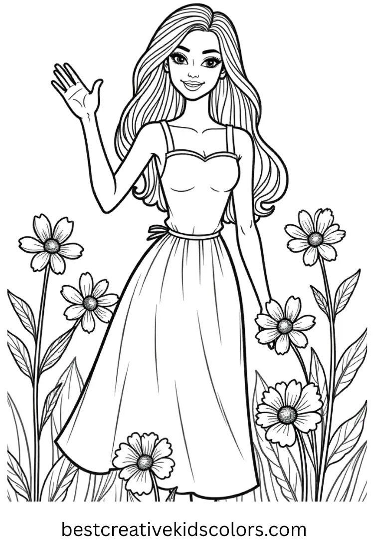 Enjoy coloring fun with Free Barbie pictures to print showing Barbie waving in a sunny garden.
