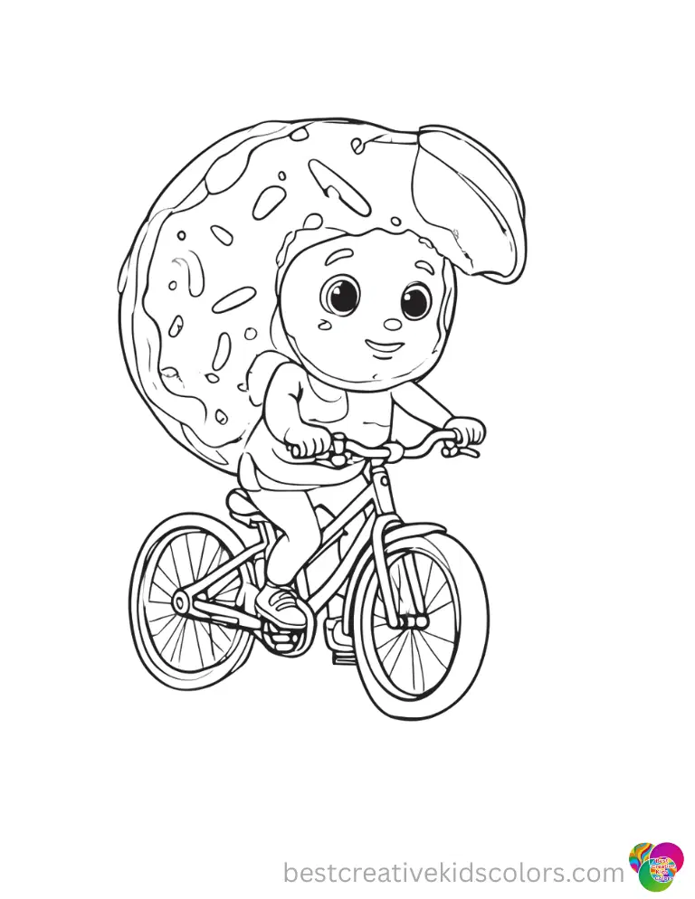 These Free Colouring Pages of Tasty Donuts show a donut riding a bike through the park.