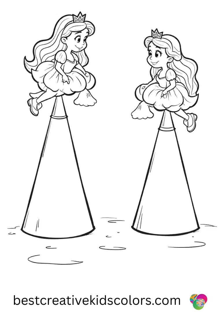 Free Disney Coloring Pages PDF shows princesses balancing soft beanbags on cones.