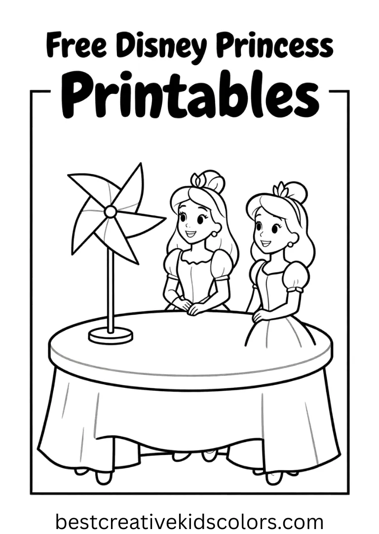 Free Disney Princess Printables features princesses creating paper windmills on a sunny table.