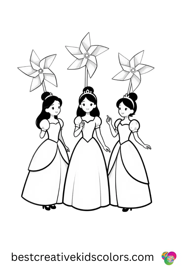 Free Disney Princess Printables PDF shows princesses creating small paper windmills.
