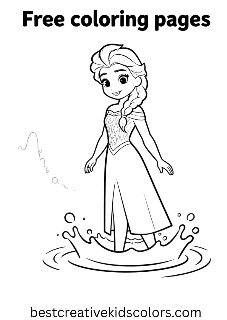 Free Elsa coloring pages capture Elsa freezing ripples mid splash along a river edge