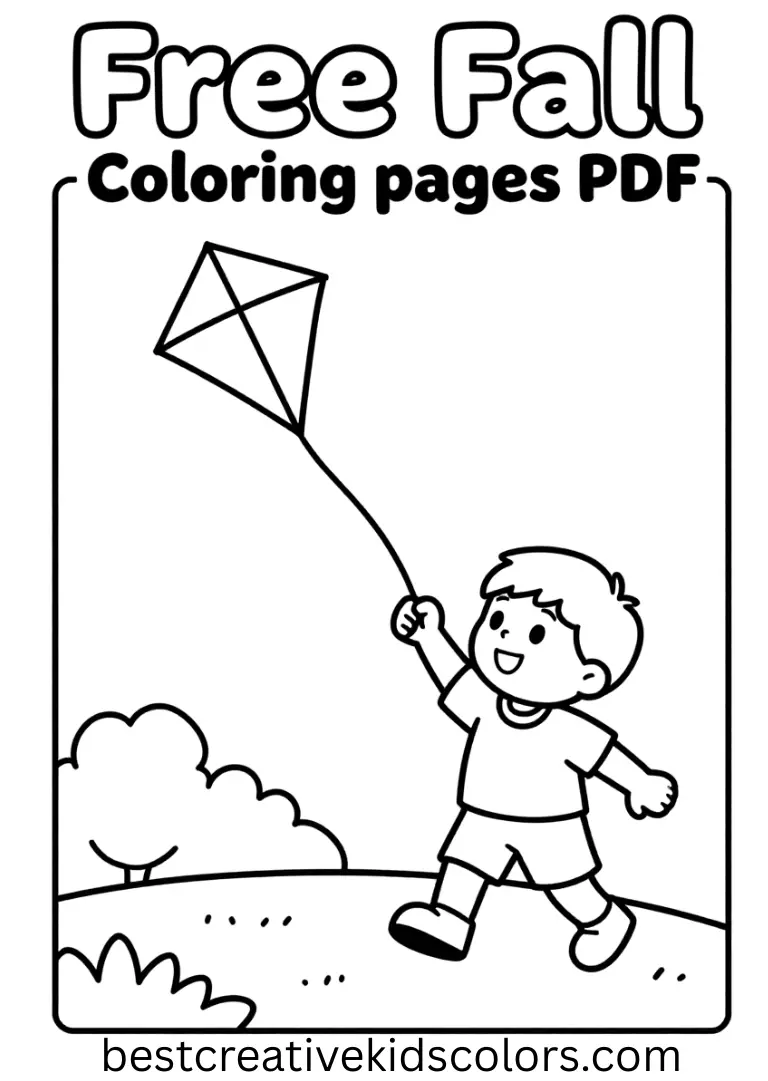 Free Fall Coloring pages PDF shows a child flying a bright kite across a windy autumn hill.