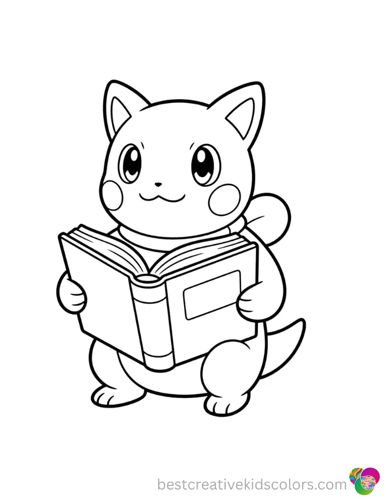This simple, crisp drawing shows a cute Pokemon quietly reading a thick storybook.