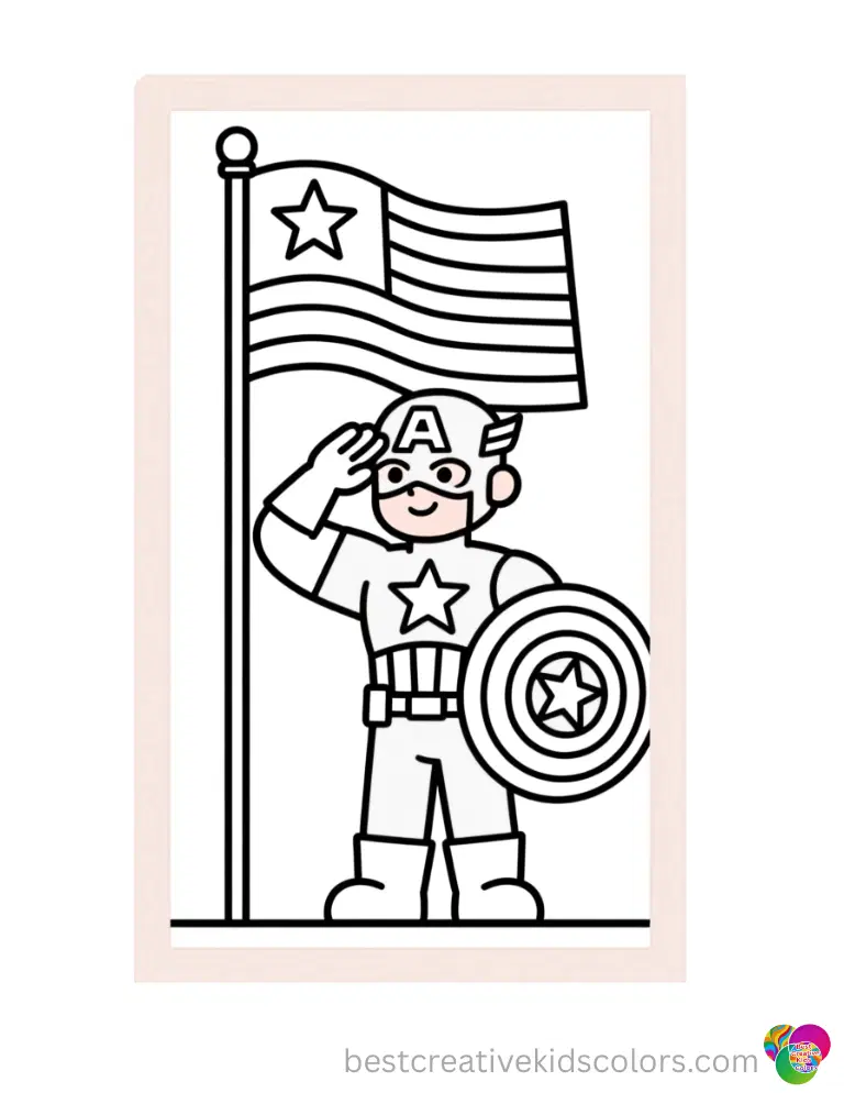 Captain America salutes proudly in front of a tall flagpole.