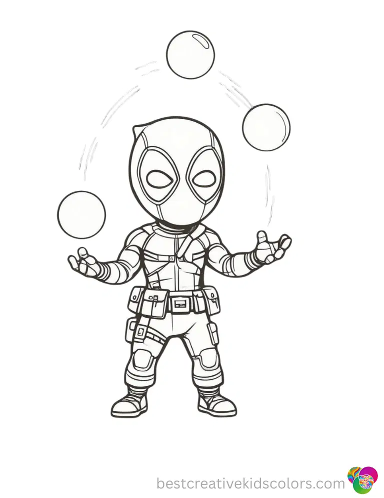Free Printable Deadpool Coloring Pages for Children Deadpool skillfully juggles three round bouncy balls.